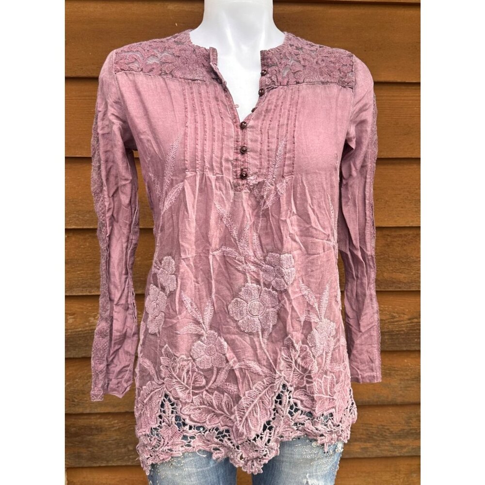 Tregene Silk Lace Embroidered Floral Blouse Shirt Size S
